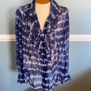 Lafayette 148 New York silk tie dye ruffle chest button bishop sleeve top 24